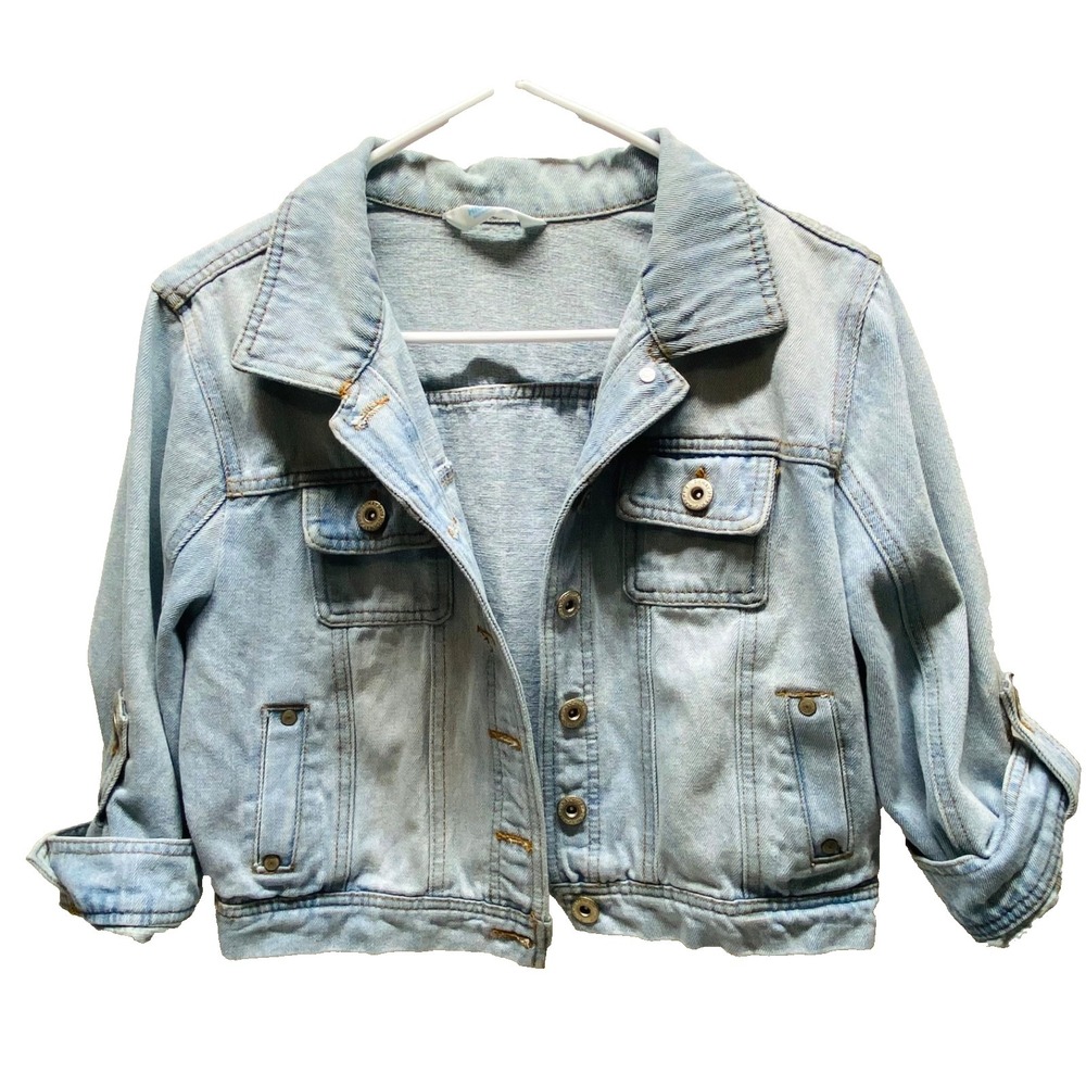 Highway Jeans Jacket Women's Large Blue Jean Western Roll Tab Sleeve Crop Denim‎